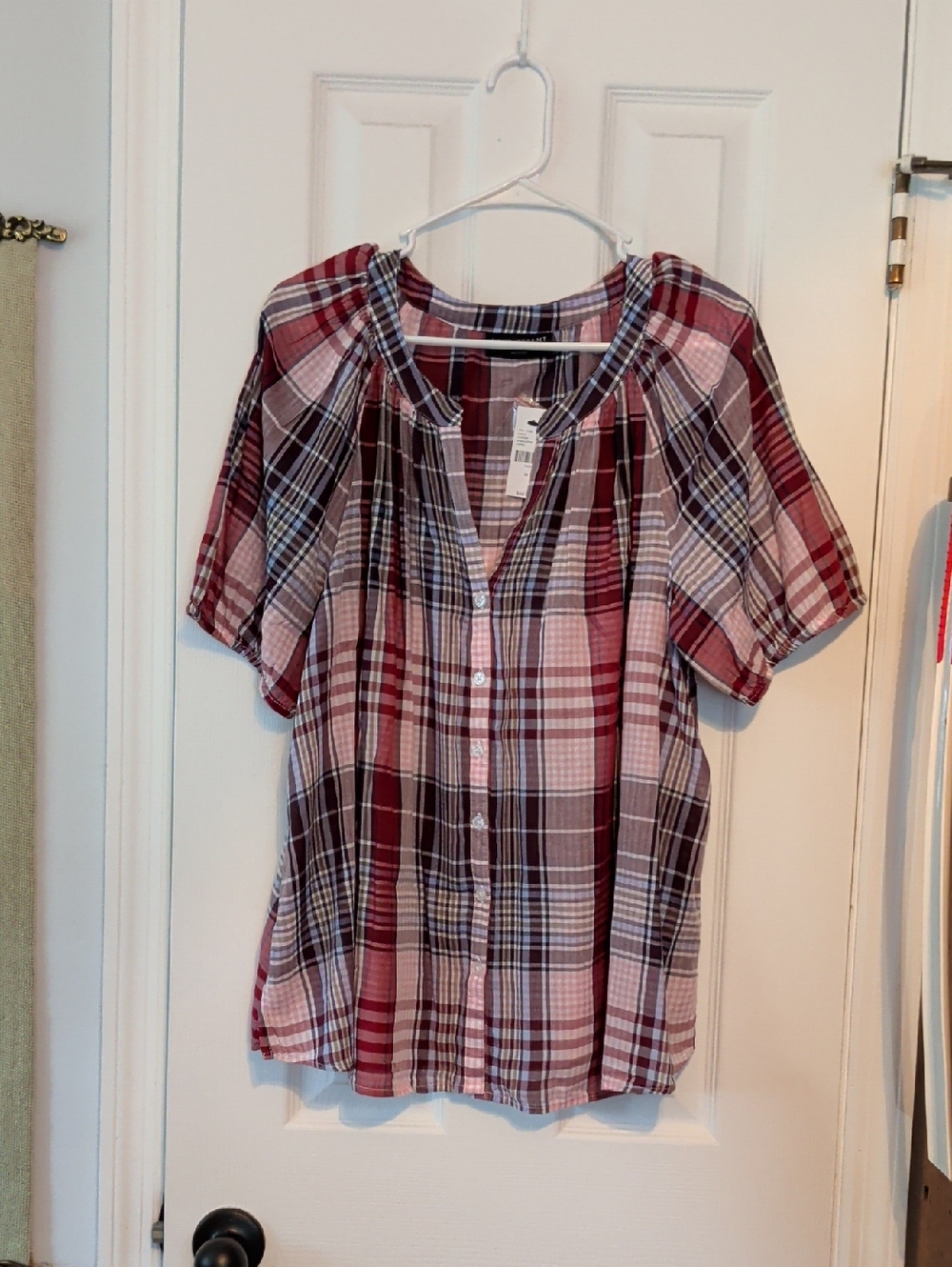 Lane Bryant Rust & Fall Colors Plaid Button-Front Short Sleeve Blouse Sz 14